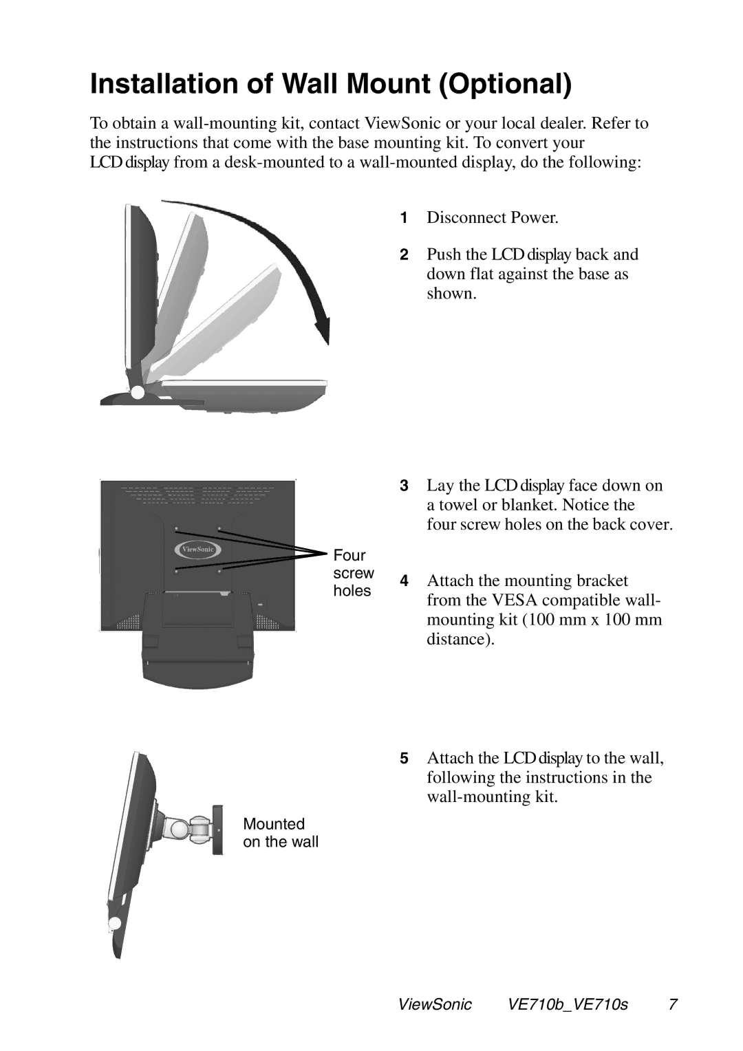 ViewSonic VE710s manual Installation of Wall Mount Optional 