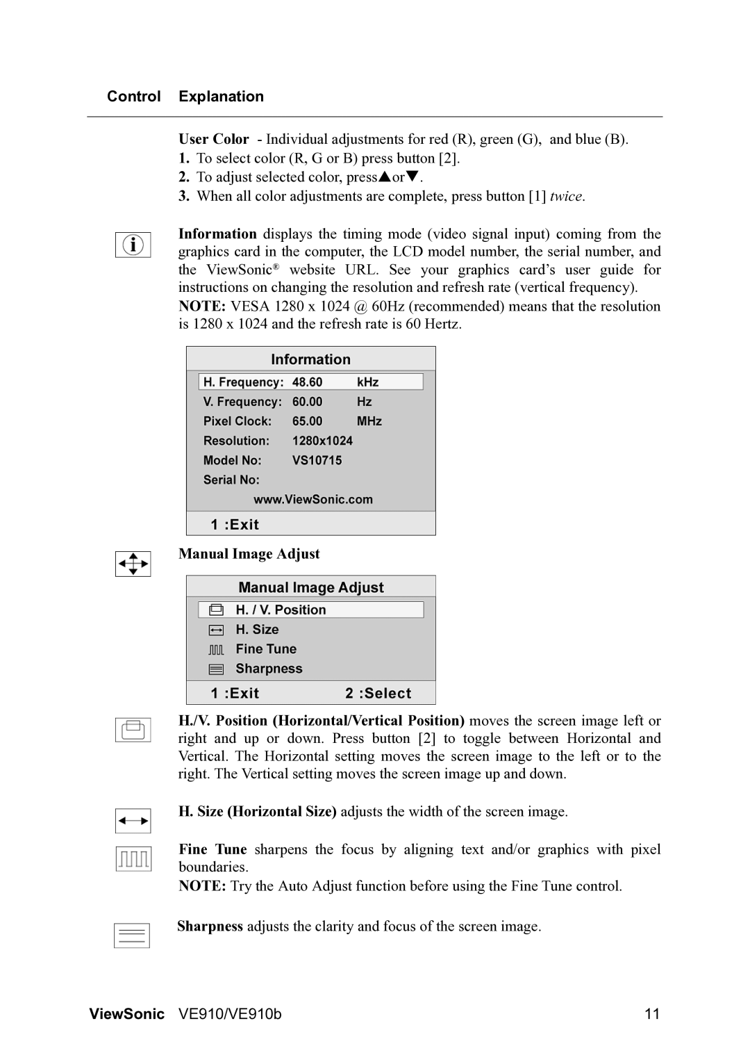 ViewSonic VE910B manual Control Explanation 