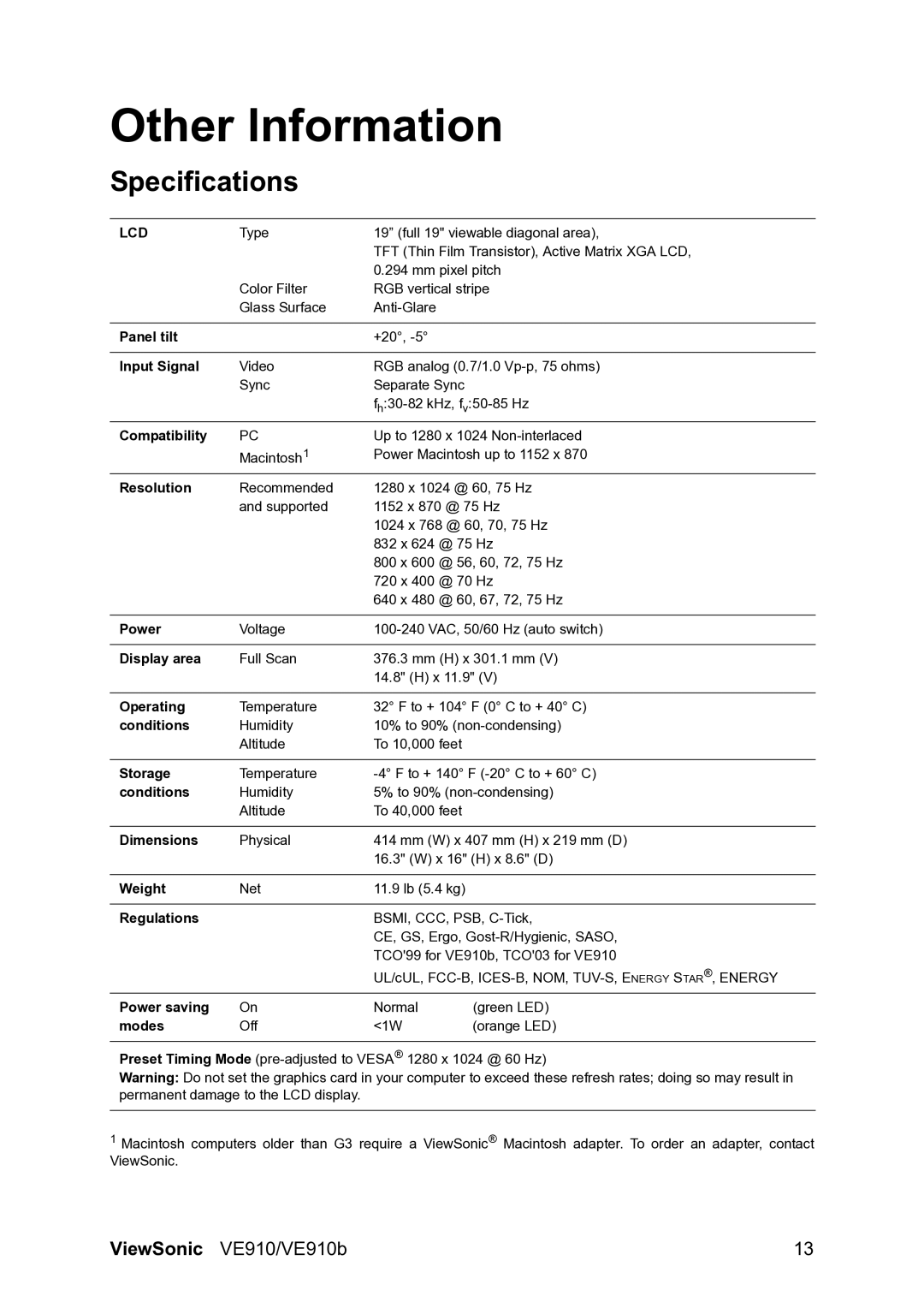 ViewSonic VE910B manual Other Information, Specifications 