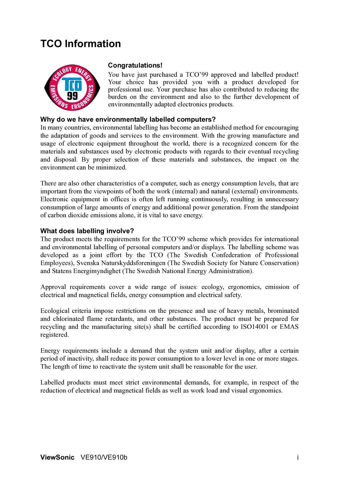 ViewSonic VE910B manual TCO Information, Congratulations, Why do we have environmentally labelled computers? 