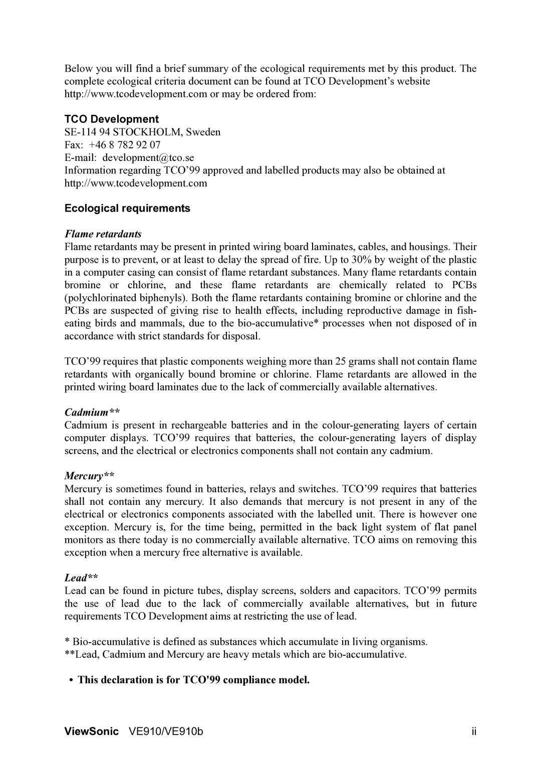 ViewSonic VE910B manual TCO Development, Ecological requirements 