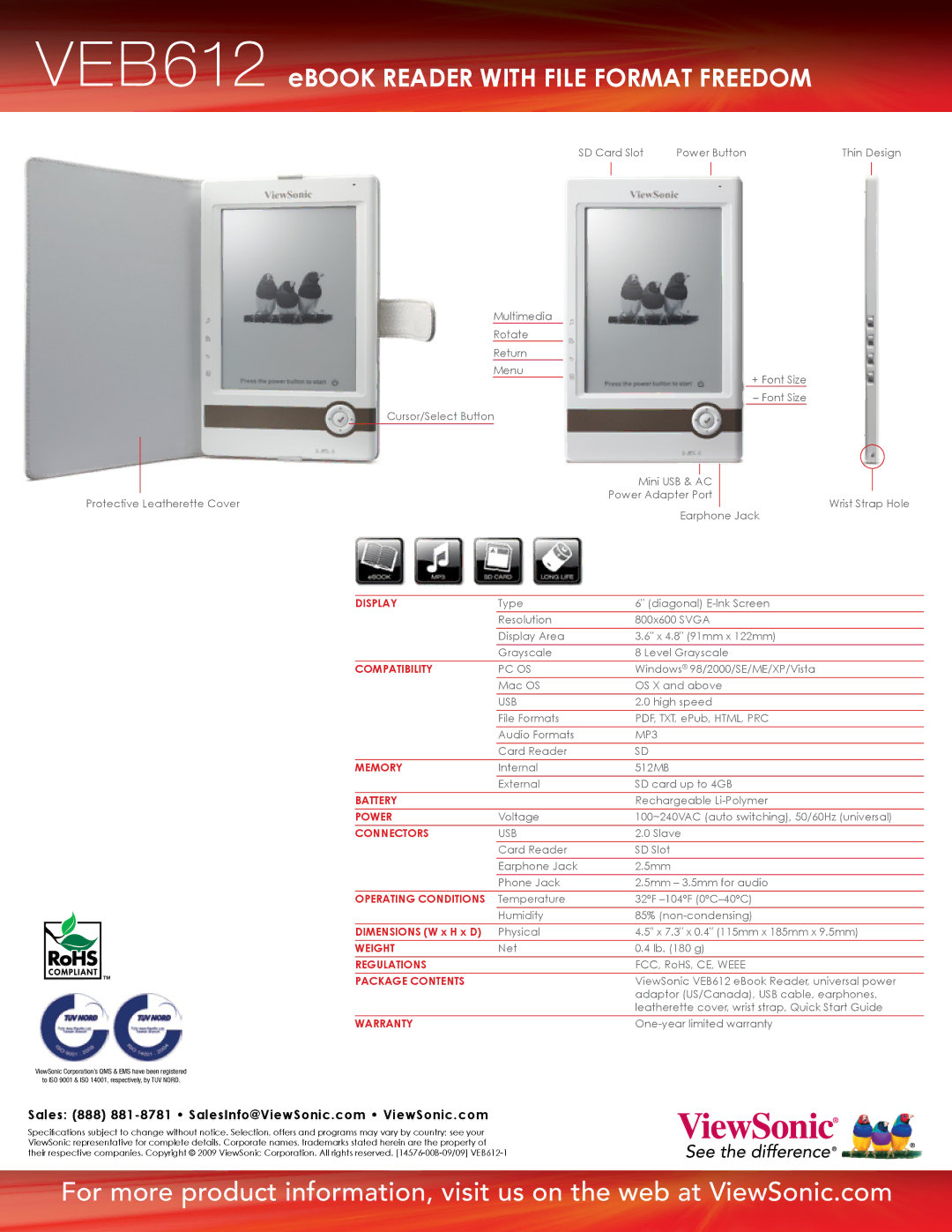 ViewSonic VEB612 Display, Compatibility, Memory, Battery, Power, Connectors, Operating Conditions, Weight, Regulations 