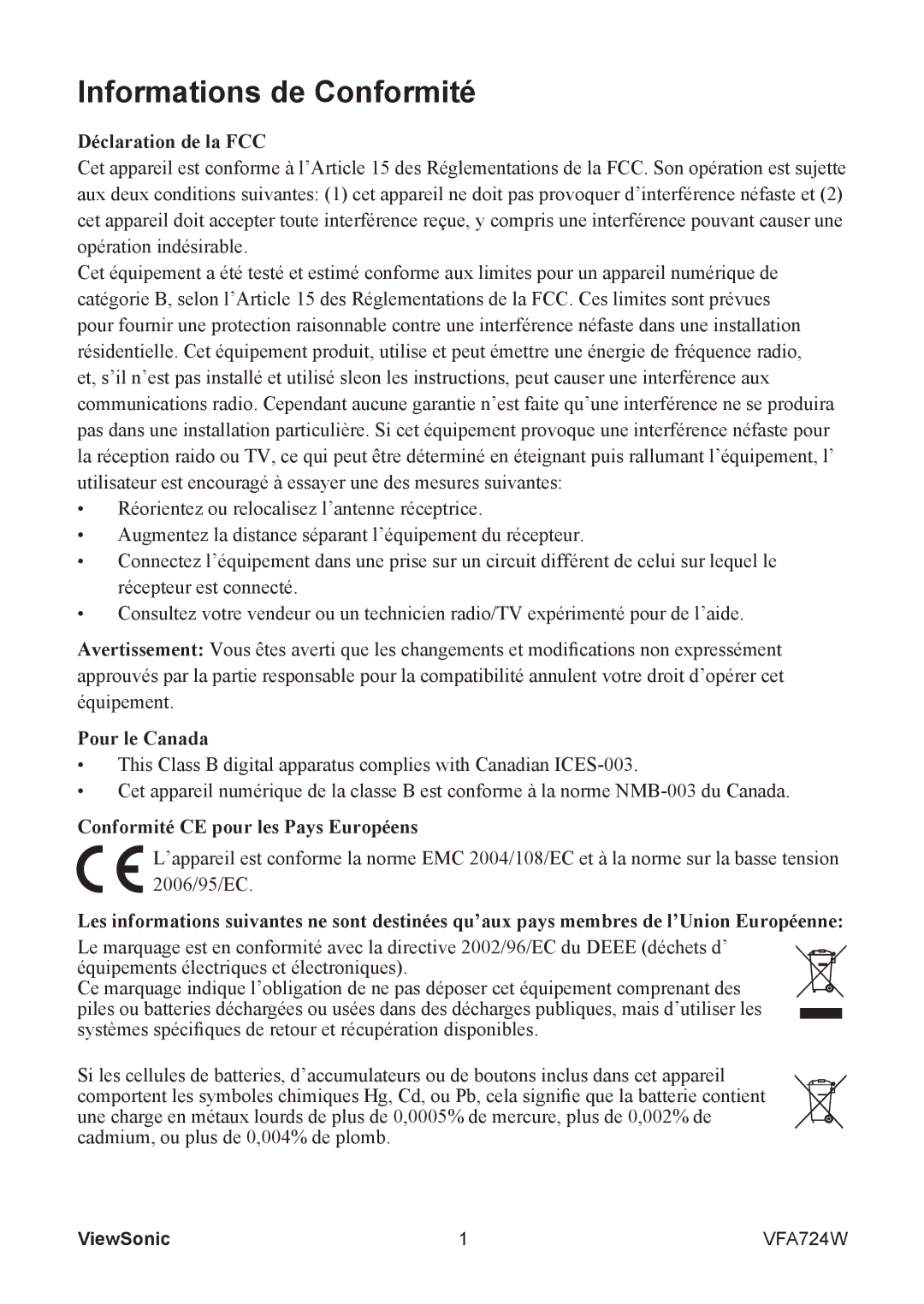 ViewSonic VFA724W Informations de Conformité, Déclaration de la FCC, Pour le Canada, Conformité CE pour les Pays Européens 