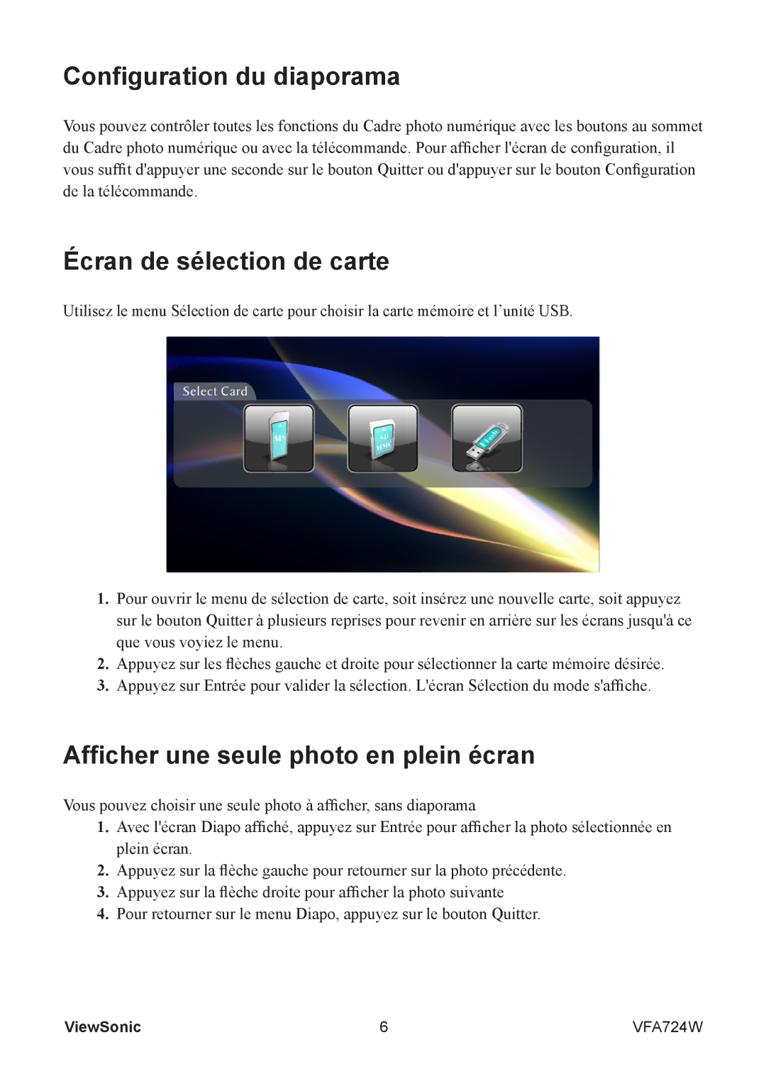 ViewSonic VFA724W manual Configuration du diaporama, Écran de sélection de carte, Afficher une seule photo en plein écran 