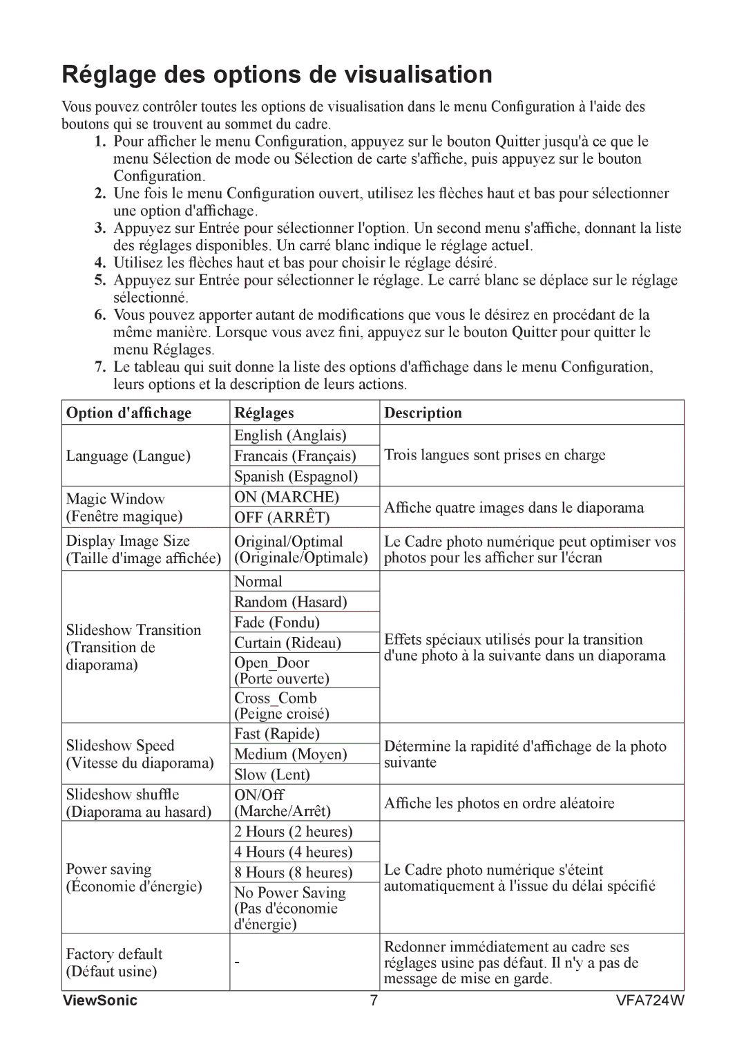 ViewSonic VFA724W manual Réglage des options de visualisation, Option daffichage Réglages Description 