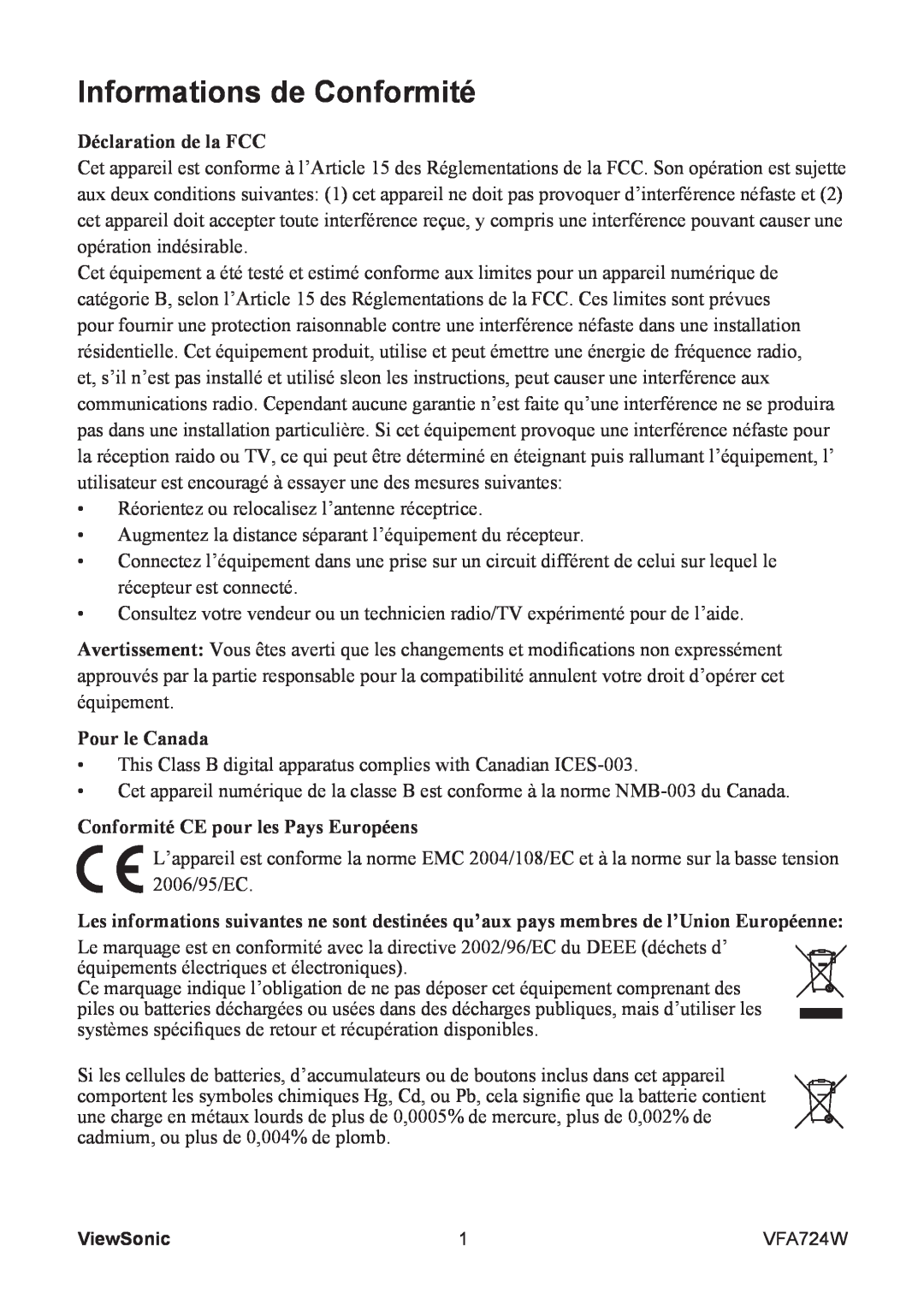 ViewSonic VFA724W Informations de Conformité, Déclaration de la FCC, Pour le Canada, Conformité CE pour les Pays Européens 