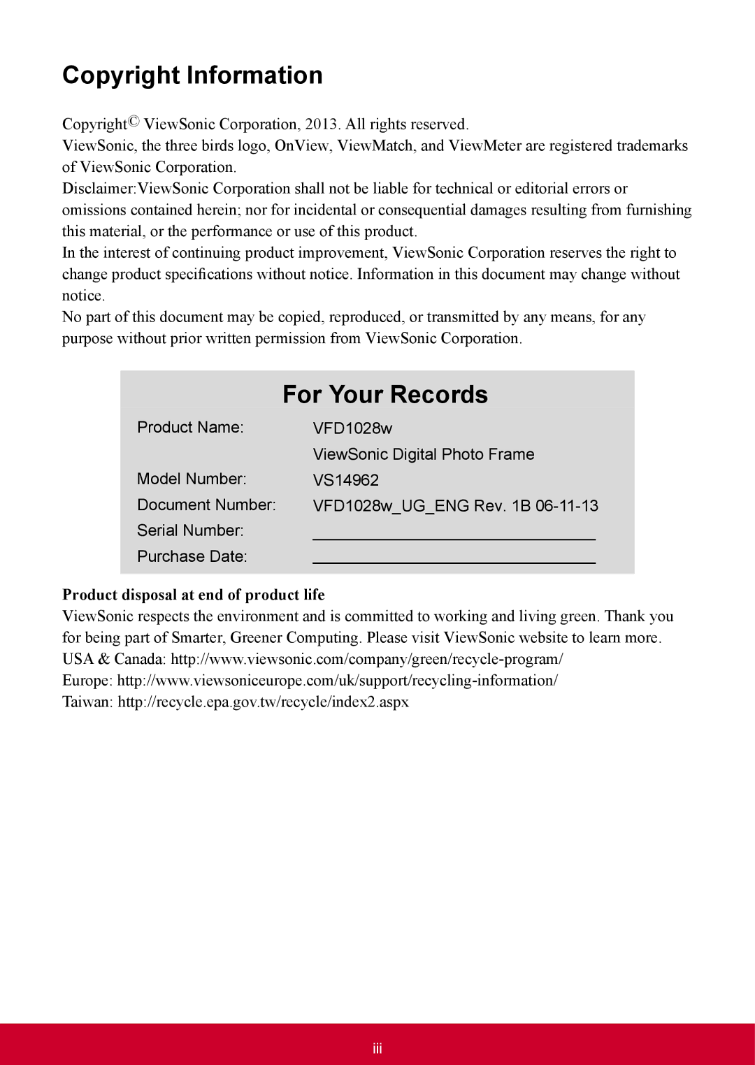 ViewSonic VFD1028W11 manual Copyright Information, For Your Records 