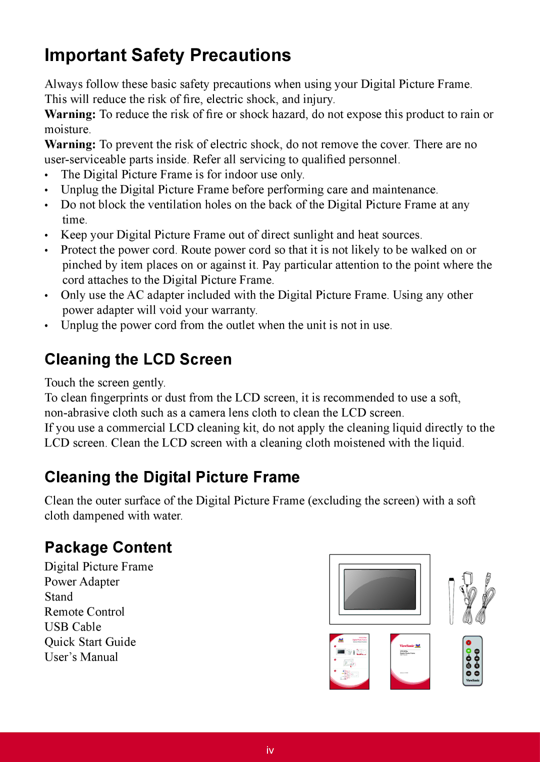 ViewSonic VFD1028W11 manual Important Safety Precautions, Cleaning the LCD Screen 