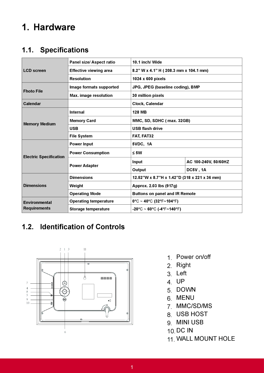 ViewSonic VFD1028W11 manual Hardware, Specifications, Identification of Controls 