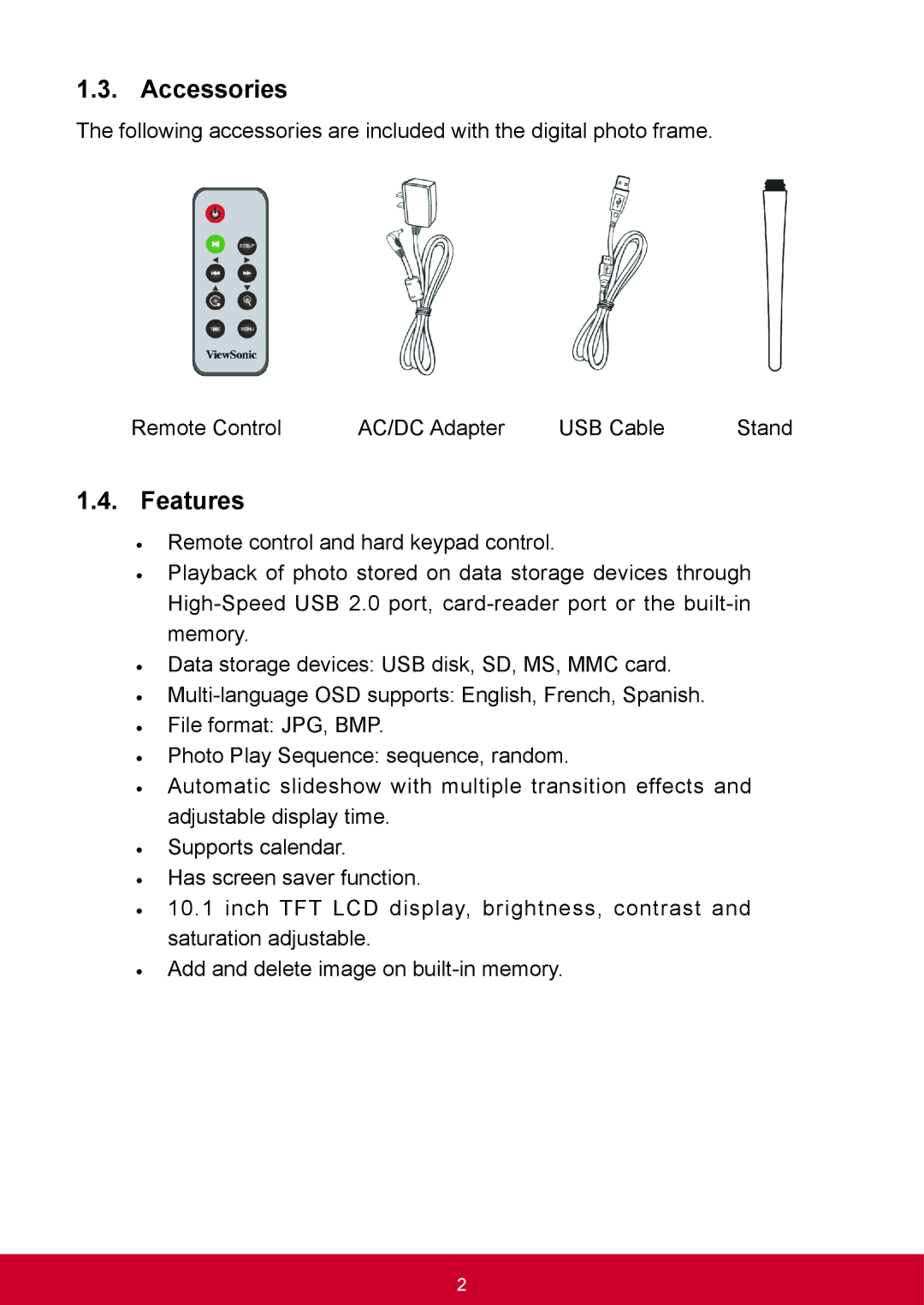 ViewSonic VFD1028W11 manual Accessories, Features 