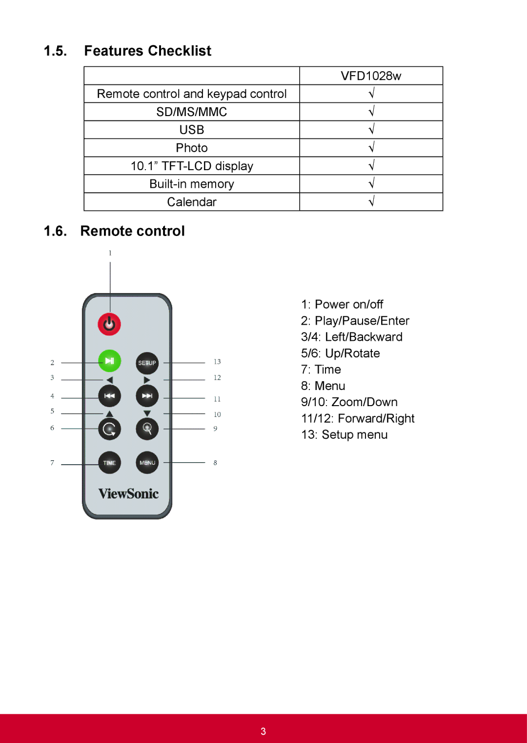 ViewSonic VFD1028W11 manual Features Checklist, Remote control 