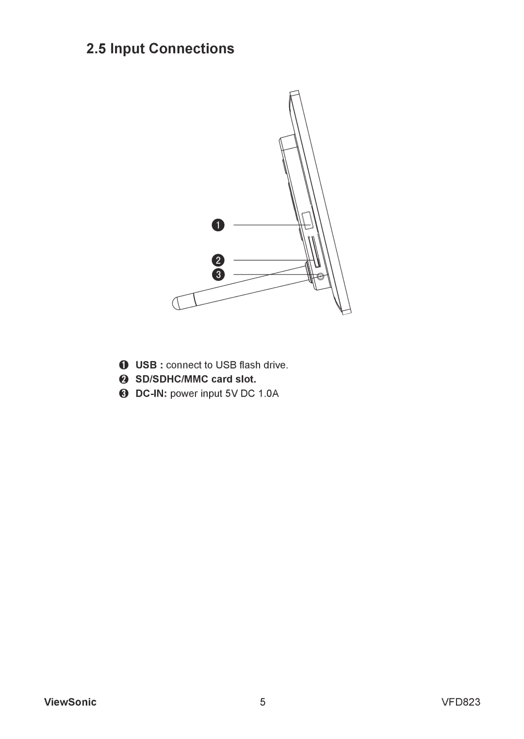 ViewSonic VFD823 warranty Input Connections, ➋ SD/SDHC/MMC card slot 