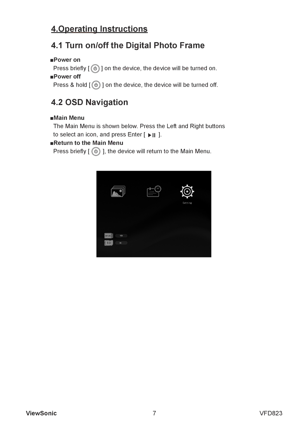 ViewSonic VFD823 warranty Operating Instructions Turn on/off the Digital Photo Frame, OSD Navigation, Power on, Main Menu 