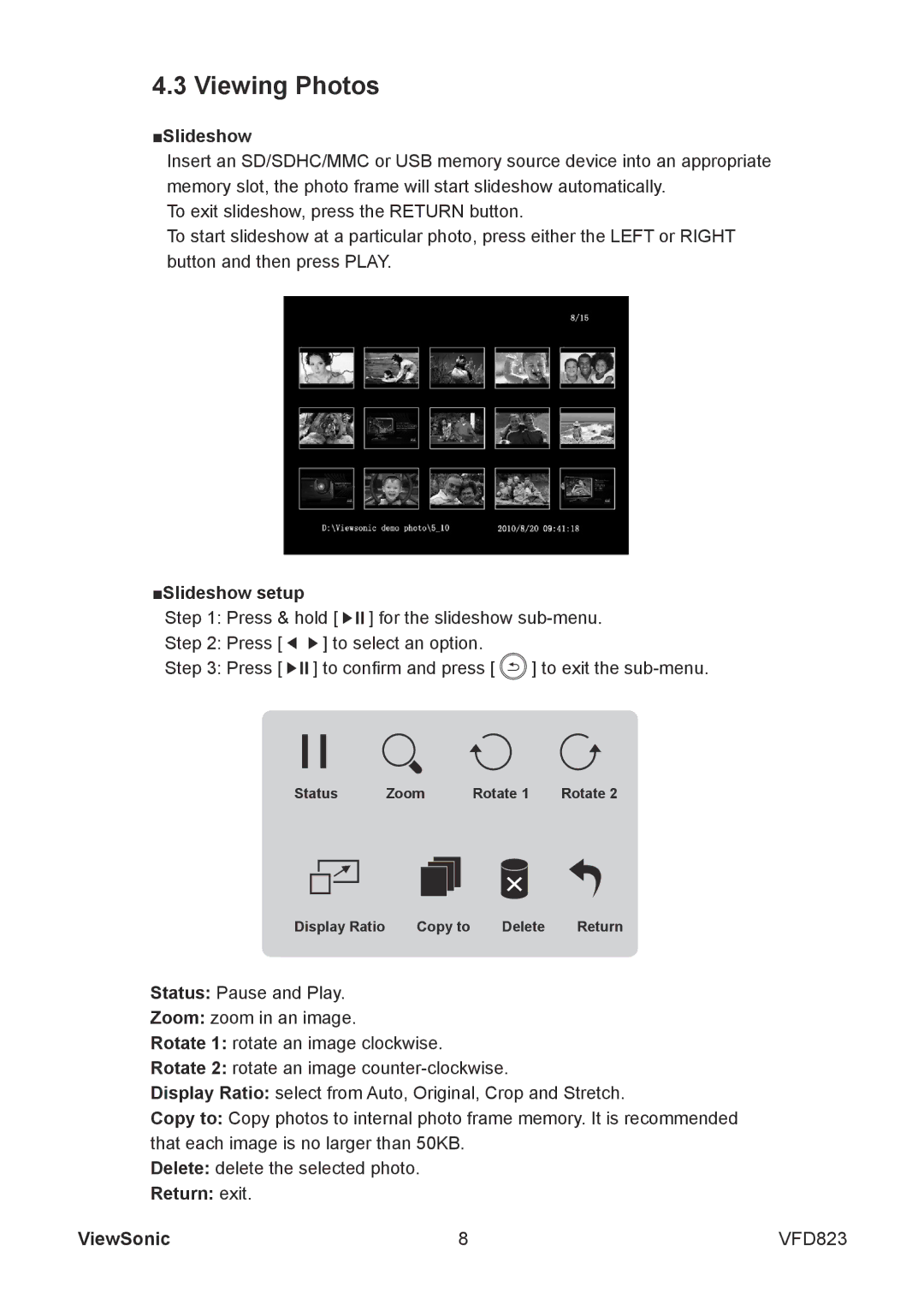 ViewSonic VFD823 warranty Viewing Photos, Slideshow setup, Return exit 