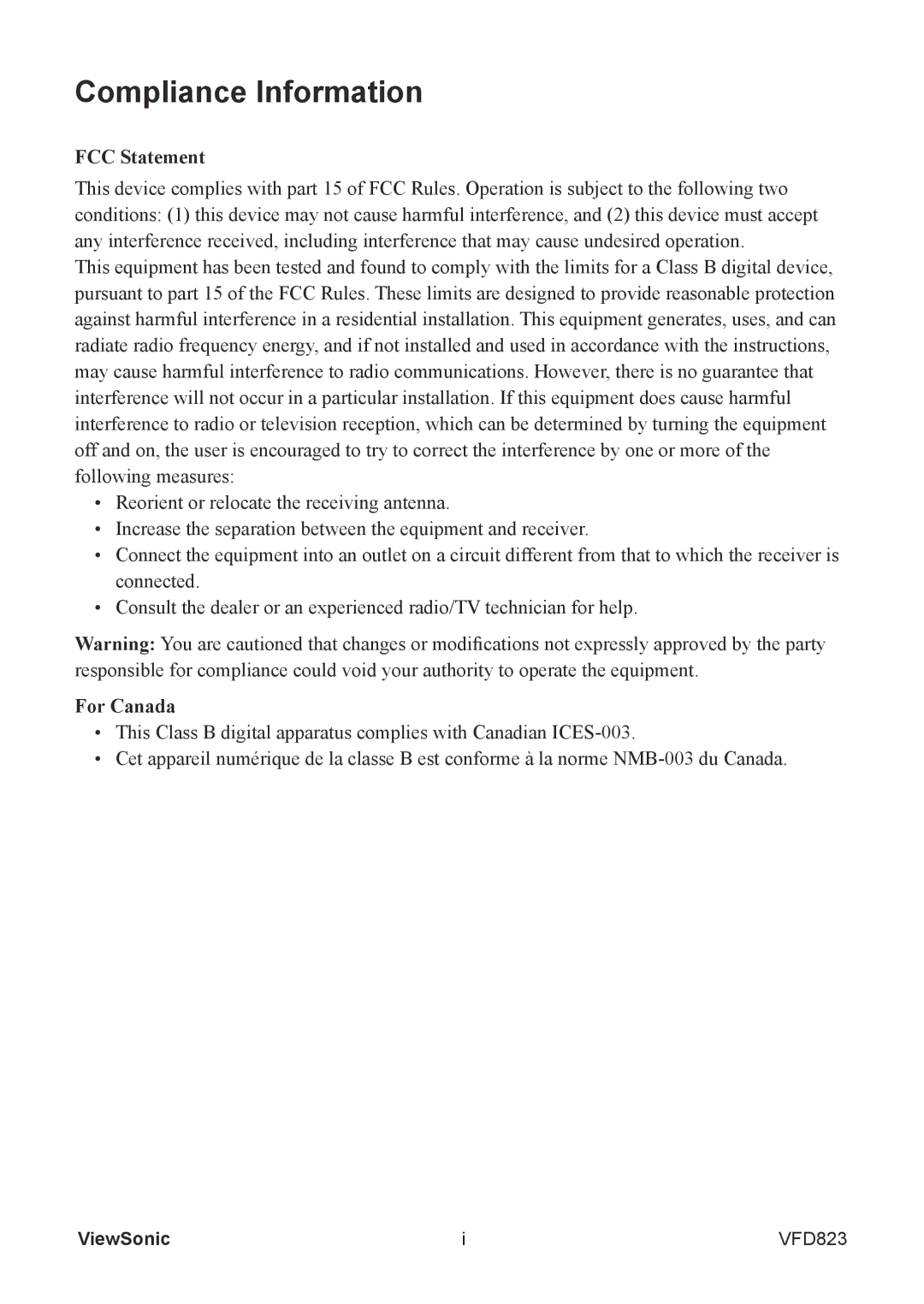 ViewSonic VFD823 warranty Compliance Information 