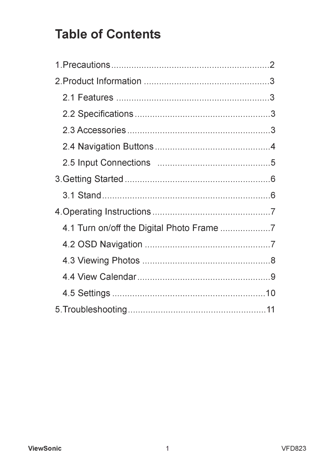 ViewSonic VFD823 warranty Table of Contents 