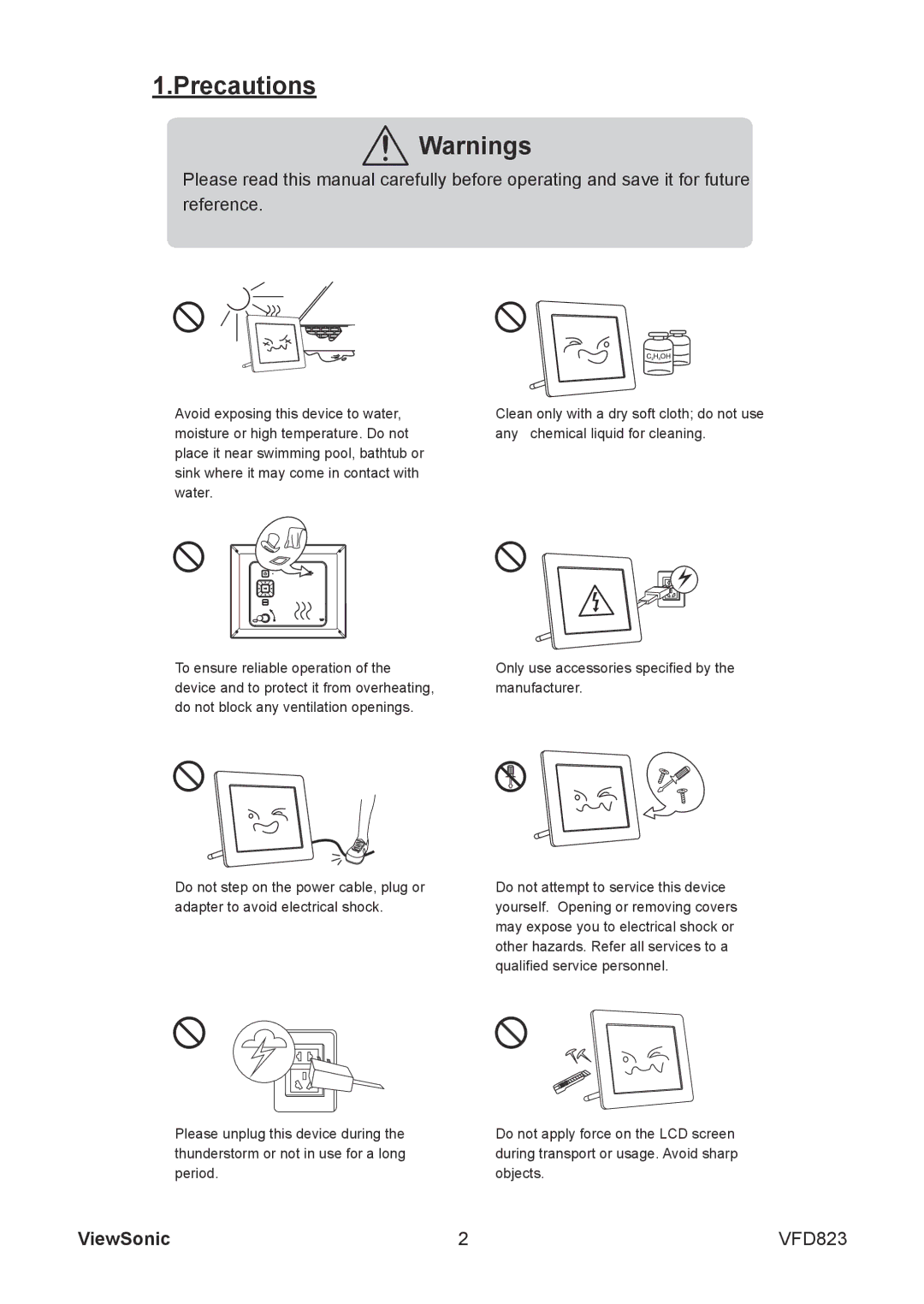 ViewSonic VFD823 warranty Precautions 