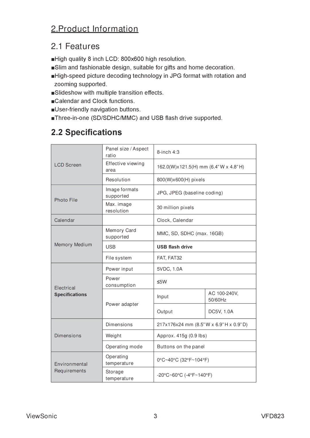 ViewSonic VFD823 warranty Product Information Features, Specifications 