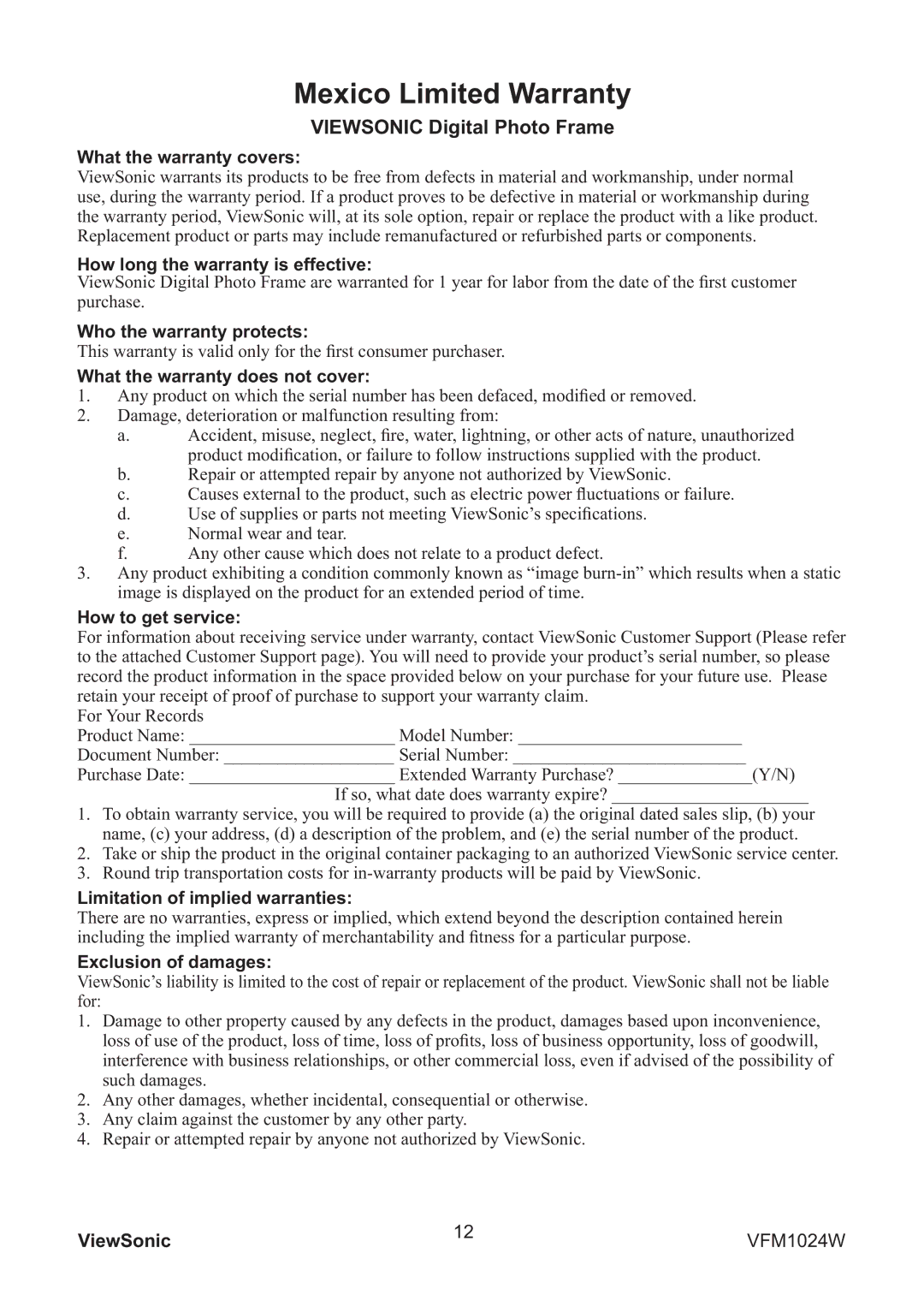 ViewSonic VFM1024W warranty Mexico Limited Warranty 
