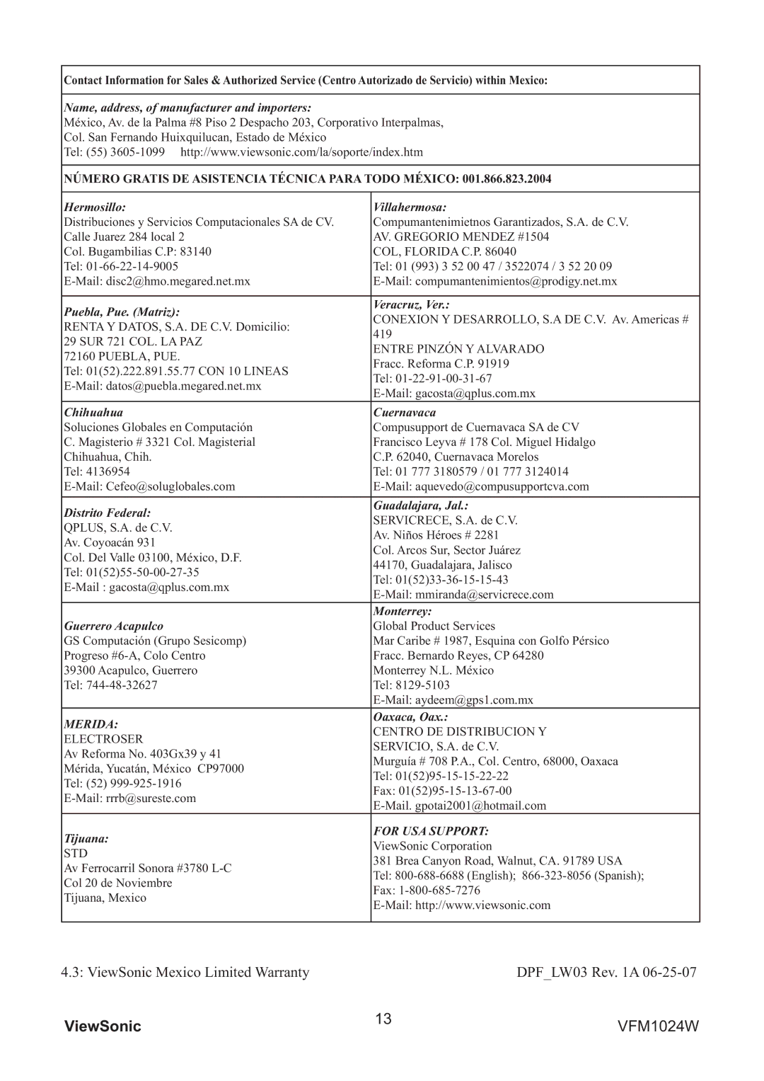 ViewSonic VFM1024W warranty ViewSonic Mexico Limited Warranty DPFLW03 Rev a 