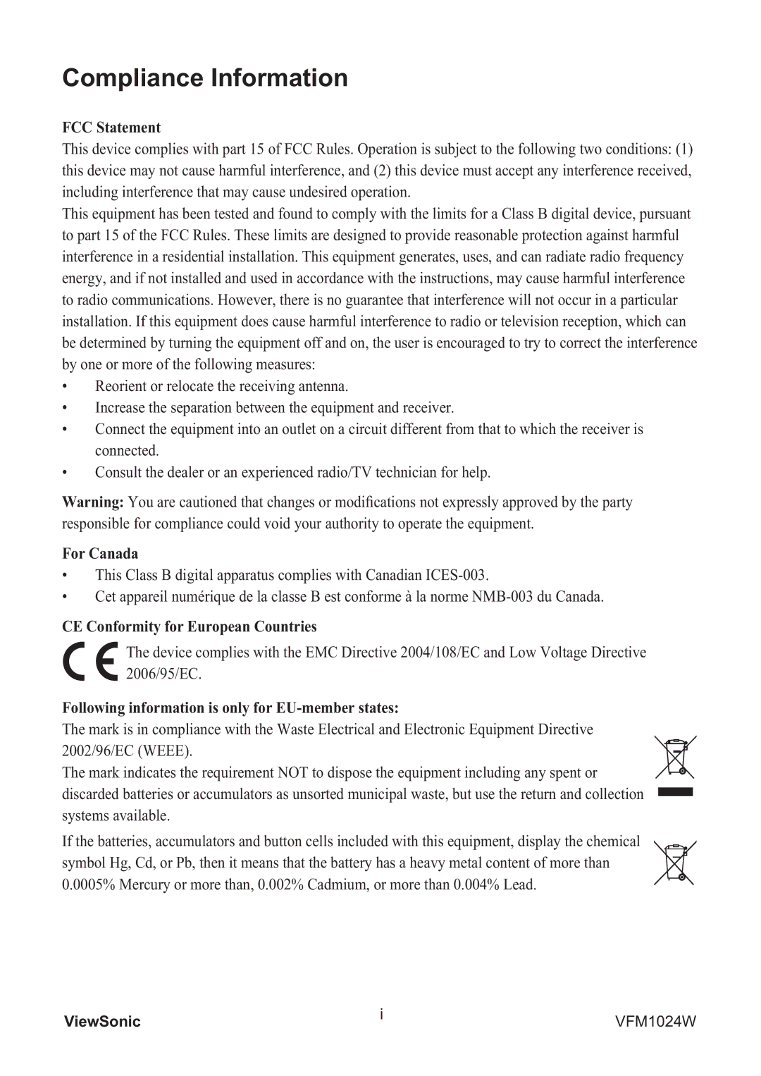 ViewSonic VFM1024W warranty Compliance Information, FCC Statement 