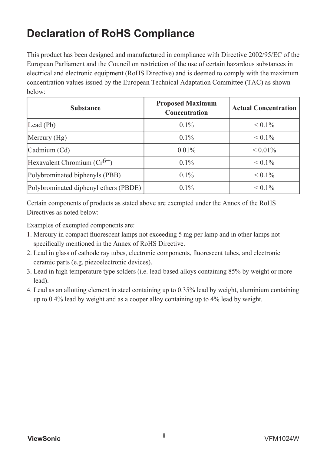 ViewSonic VFM1024W warranty Declaration of RoHS Compliance, Substance Proposed Maximum Actual Concentration 