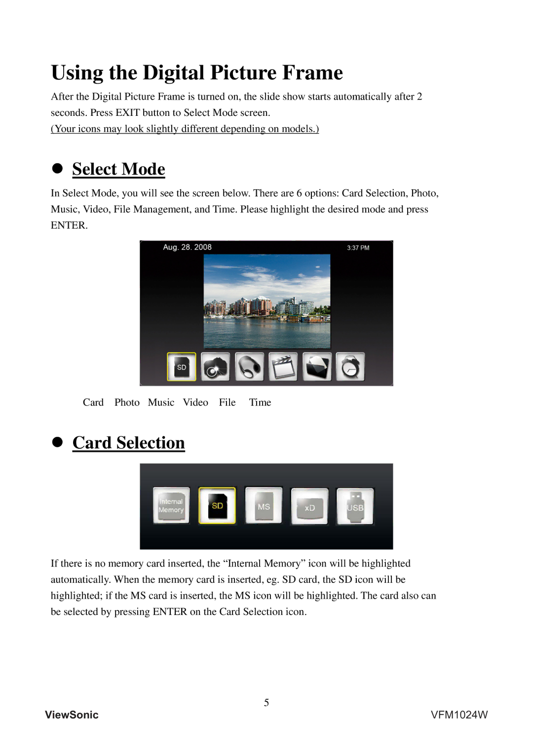 ViewSonic VFM1024W warranty Using the Digital Picture Frame, Select Mode, Card Selection 