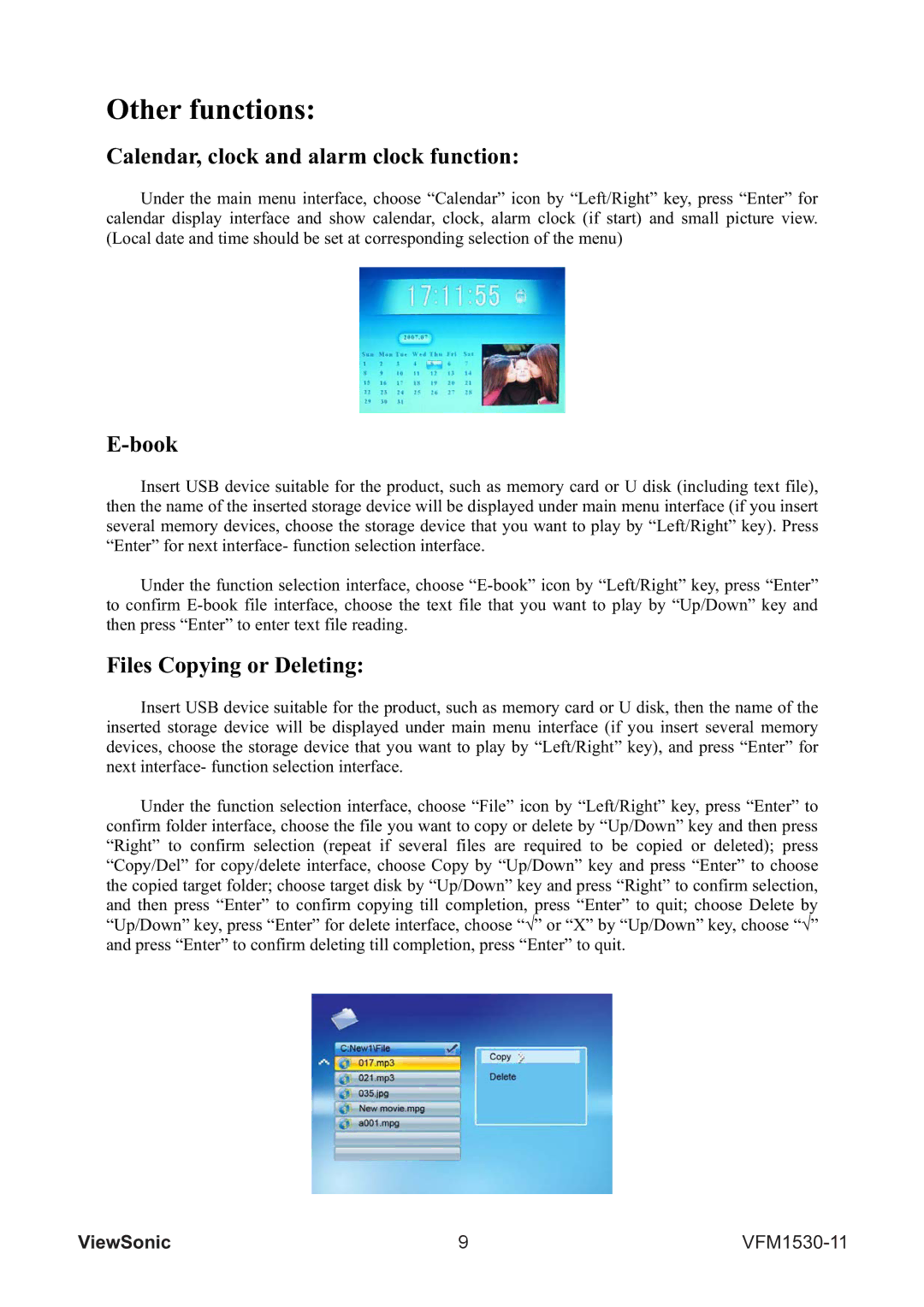 ViewSonic VFM1530-11 warranty Other functions, Calendar, clock and alarm clock function 