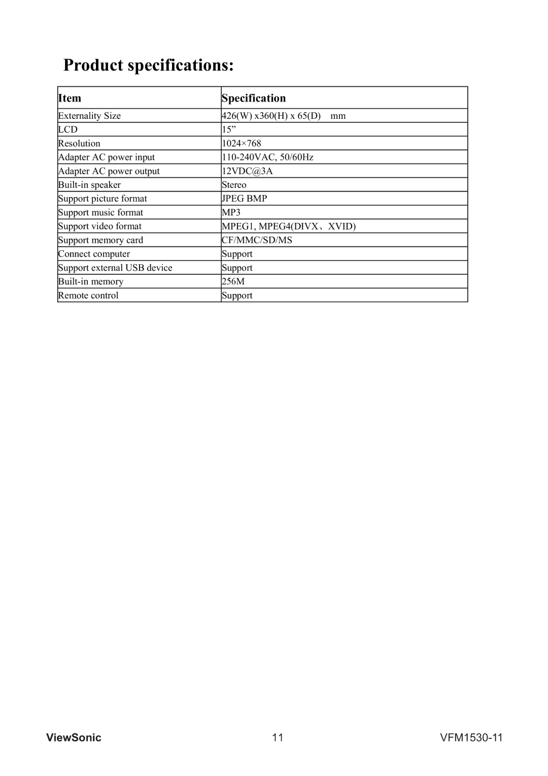 ViewSonic VFM1530-11 warranty Product specifications, Specification 