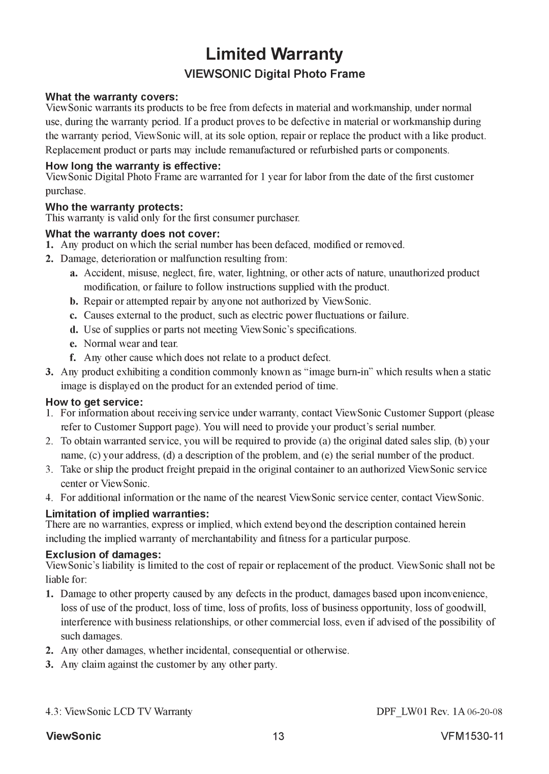 ViewSonic VFM1530-11 warranty Limited Warranty 