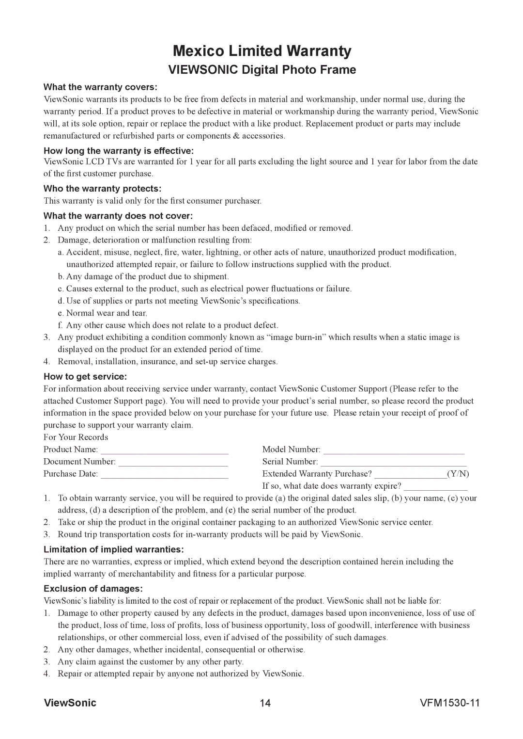 ViewSonic VFM1530-11 warranty Mexico Limited Warranty 