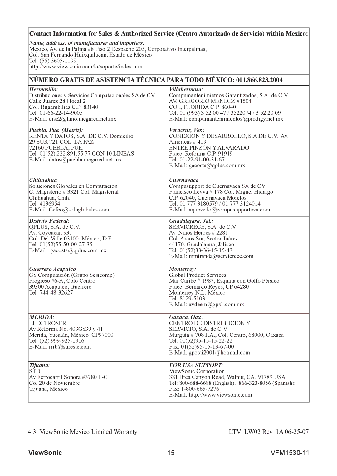 ViewSonic VFM1530-11 warranty Número Gratis DE Asistencia Técnica Para Todo México 