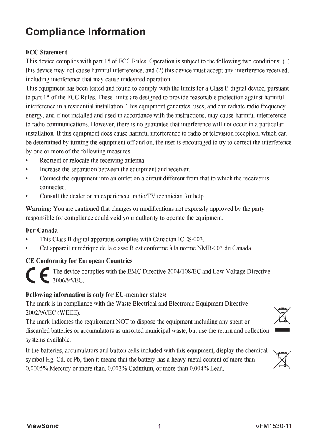 ViewSonic VFM1530-11 warranty Compliance Information, FCC Statement 