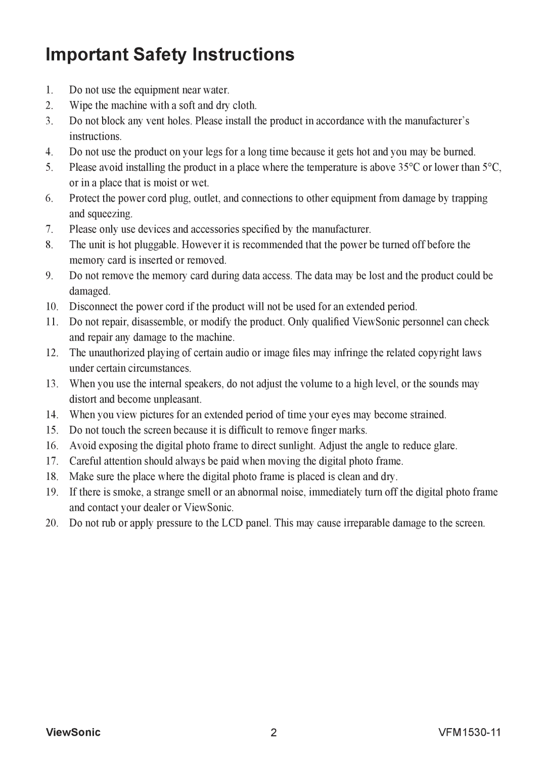 ViewSonic VFM1530-11 warranty Important Safety Instructions 