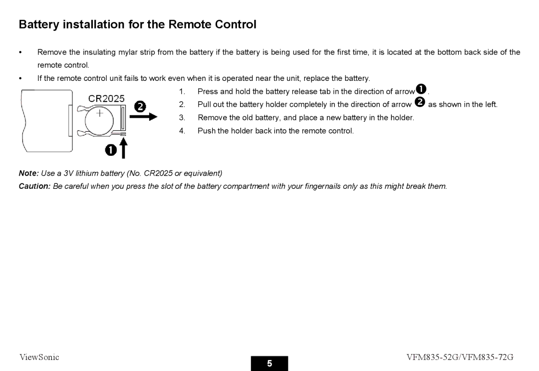 ViewSonic VFM835-72G, VFM835-52G manual Battery installation for the Remote Control 