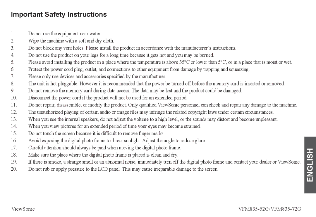 ViewSonic VFM835-72G, VFM835-52G manual English, Important Safety Instructions 