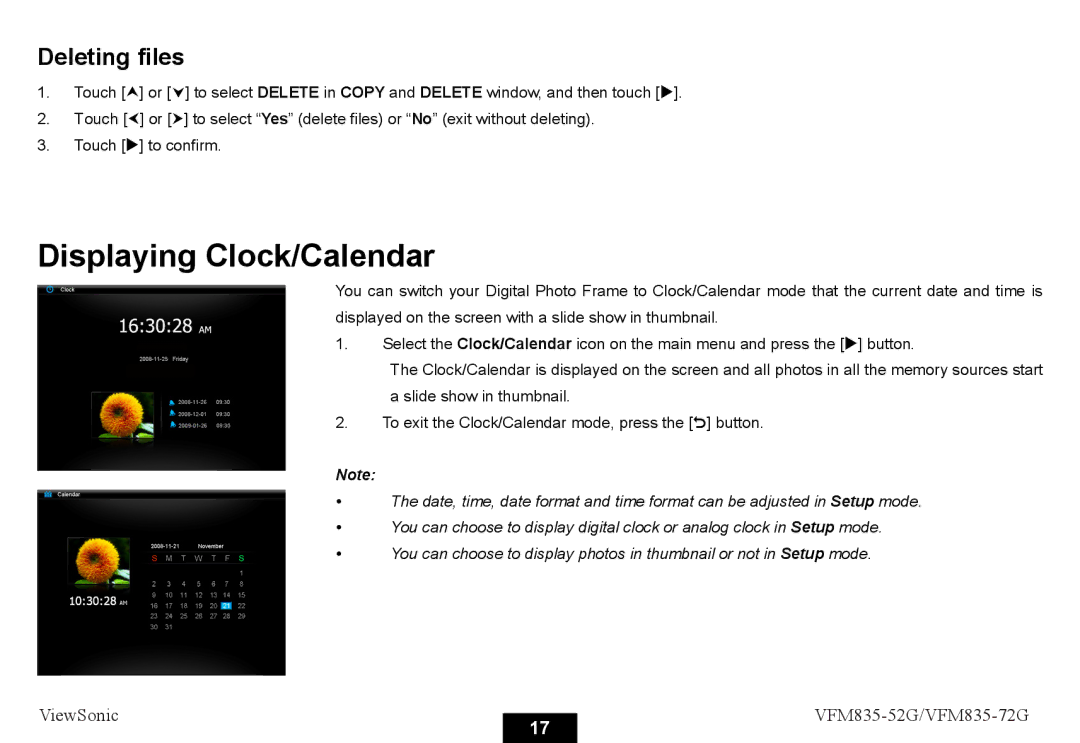 ViewSonic VFM835-72G, VFM835-52G manual Displaying Clock/Calendar, Deleting files 