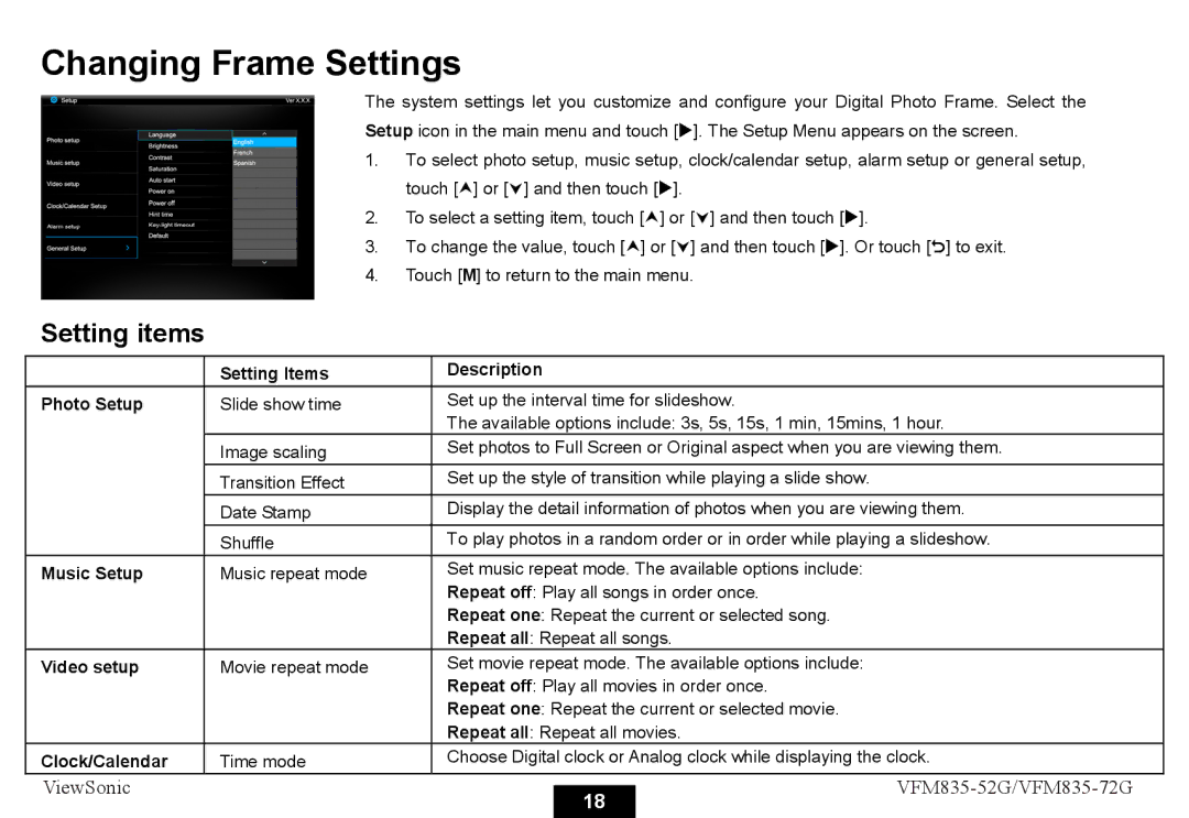 ViewSonic VFM835-52G, VFM835-72G manual Changing Frame Settings, Setting items 