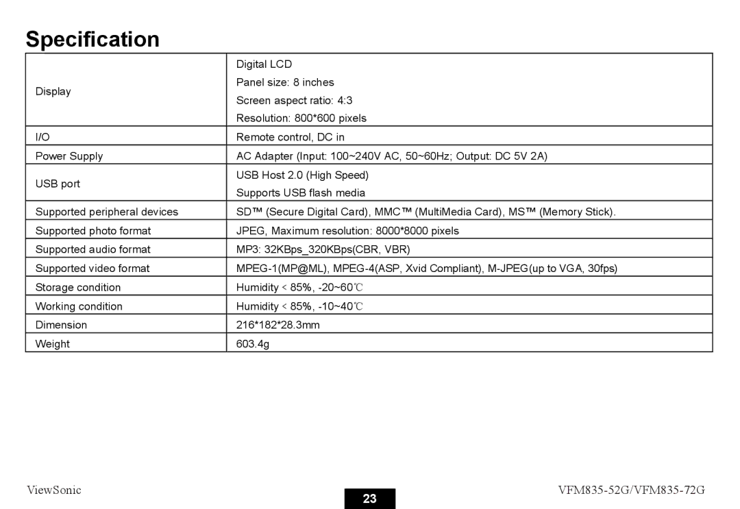 ViewSonic VFM835-72G, VFM835-52G manual Specification 