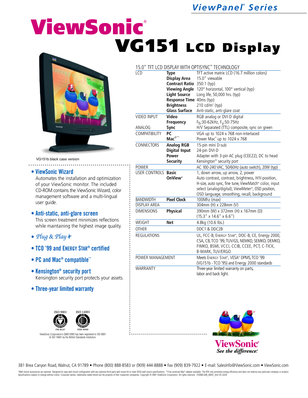 ViewSonic VG151 manual ViewSonic Wizard, Anti-static, anti-glare screen, PC and Mac compatible Kensington security port 