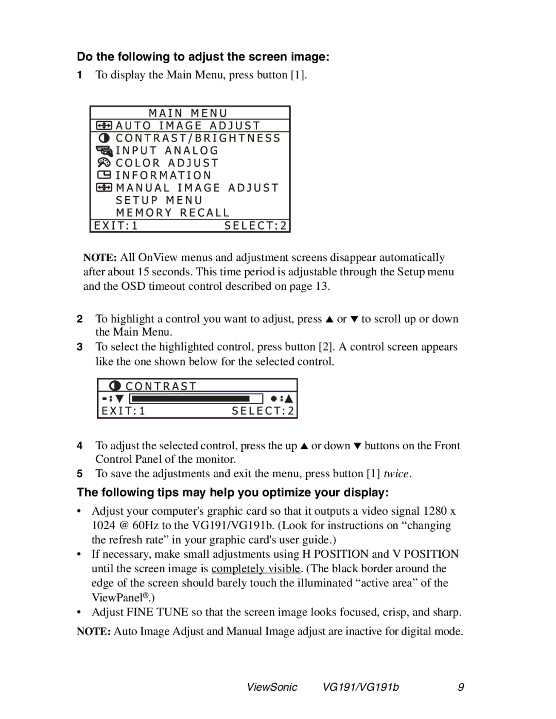 ViewSonic VG191 manual Do the following to adjust the screen image, Following tips may help you optimize your display 