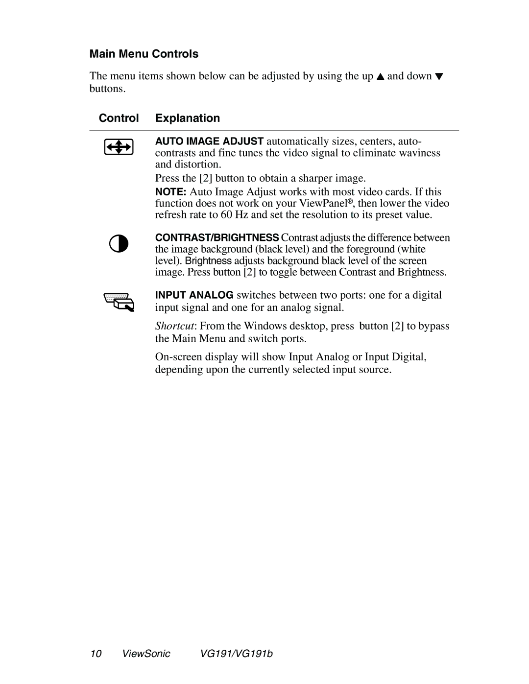 ViewSonic VG191 manual Main Menu Controls, Control Explanation 