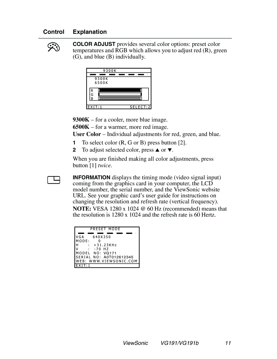 ViewSonic VG191 manual Control Explanation 