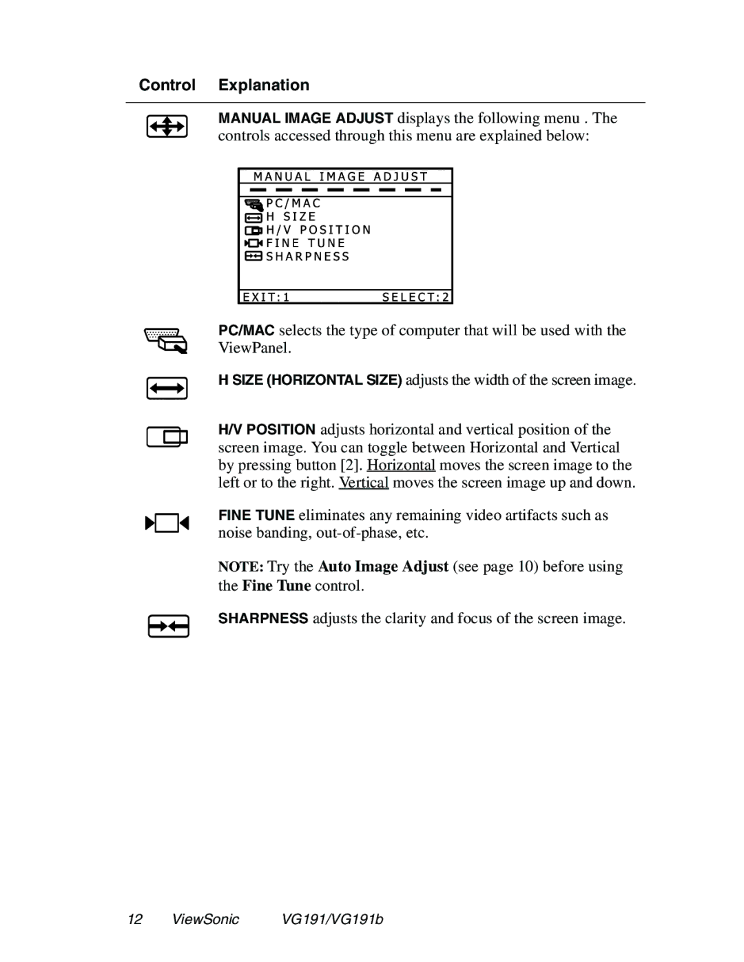 ViewSonic VG191 manual Control Explanation 