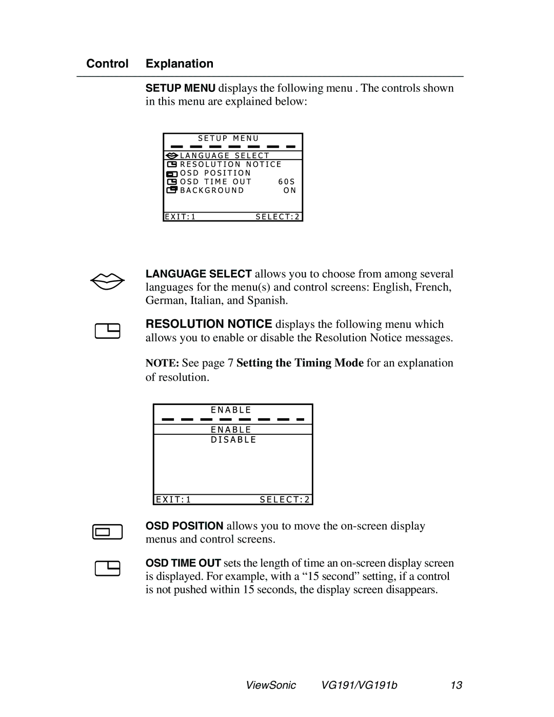 ViewSonic VG191 manual Control Explanation 