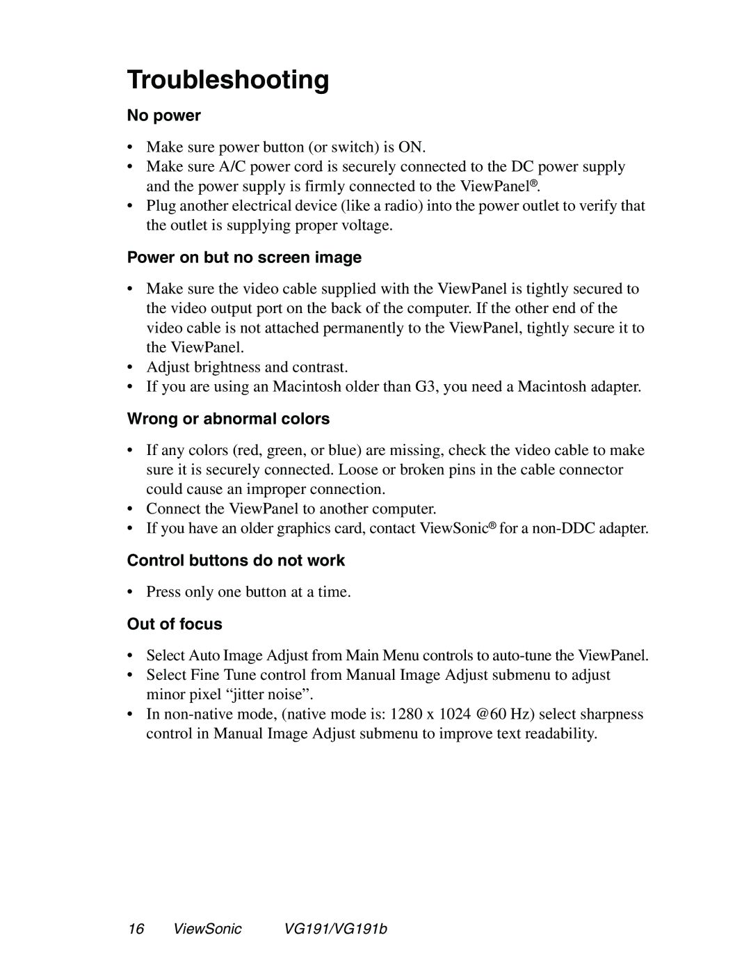 ViewSonic VG191 manual Troubleshooting 