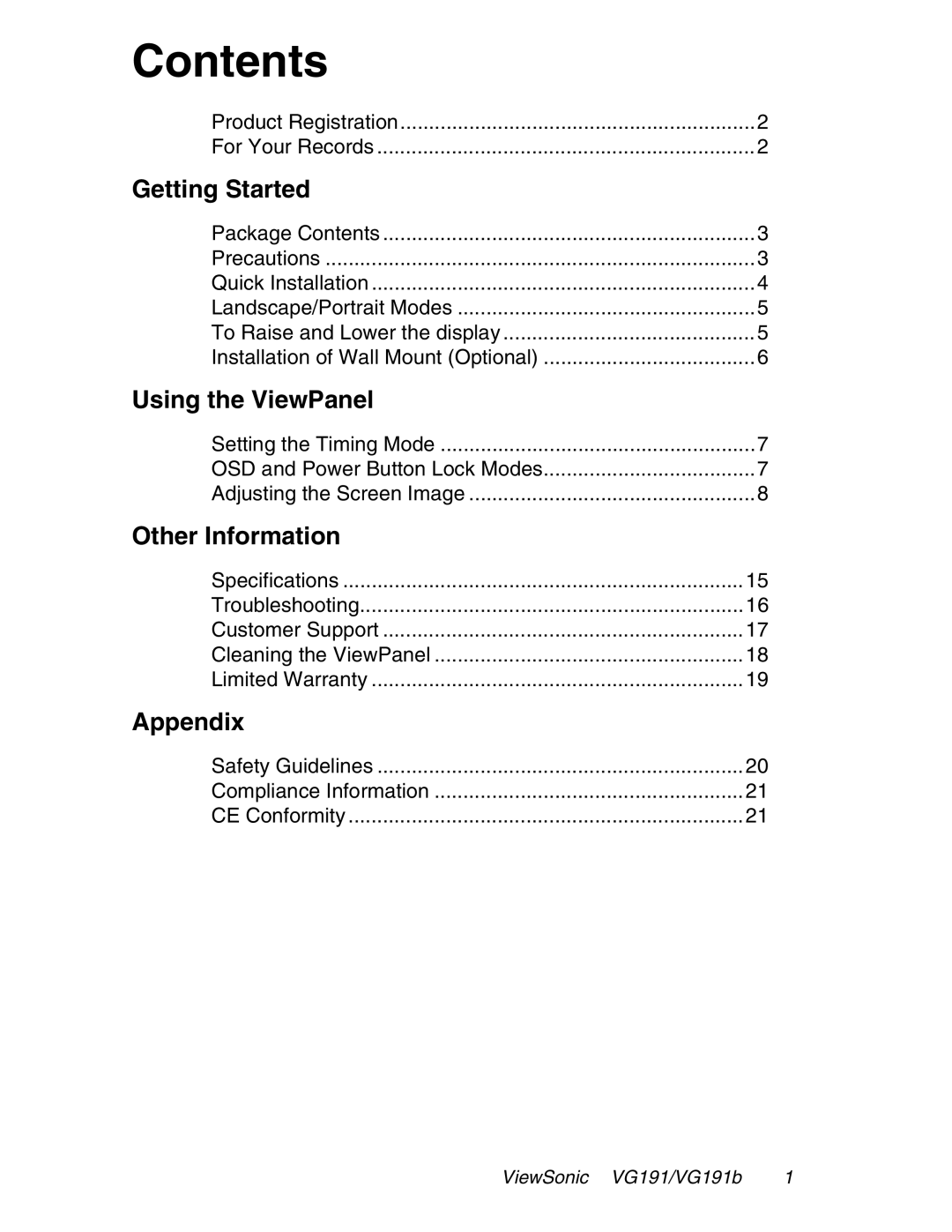 ViewSonic VG191 manual Contents 