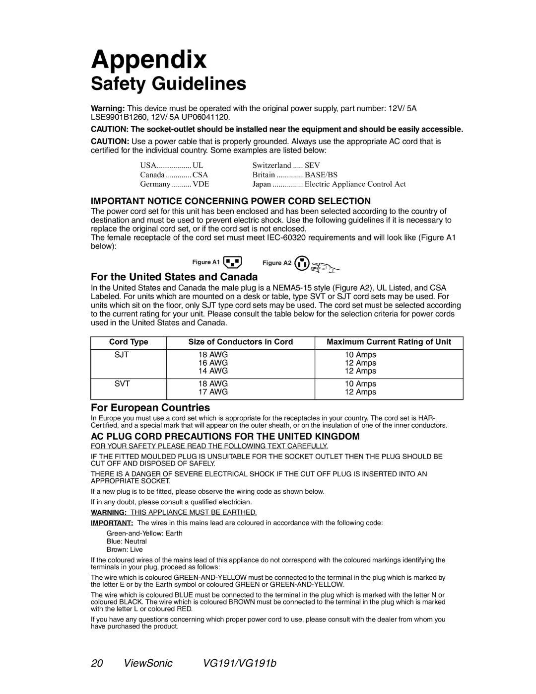 ViewSonic VG191 manual Appendix, Safety Guidelines, For the United States and Canada, For European Countries 