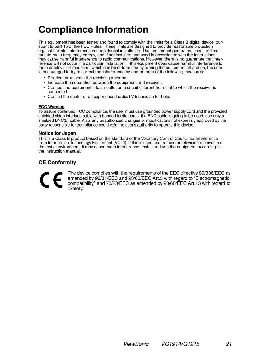 ViewSonic VG191 manual Compliance Information, CE Conformity 