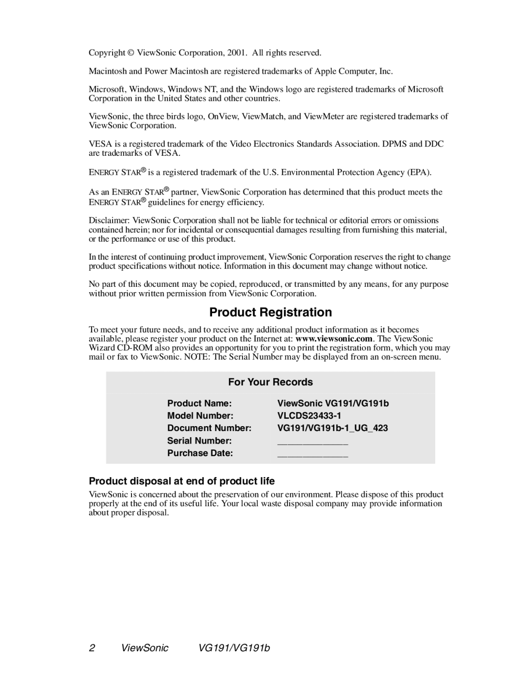 ViewSonic VG191 manual For Your Records, Product disposal at end of product life 